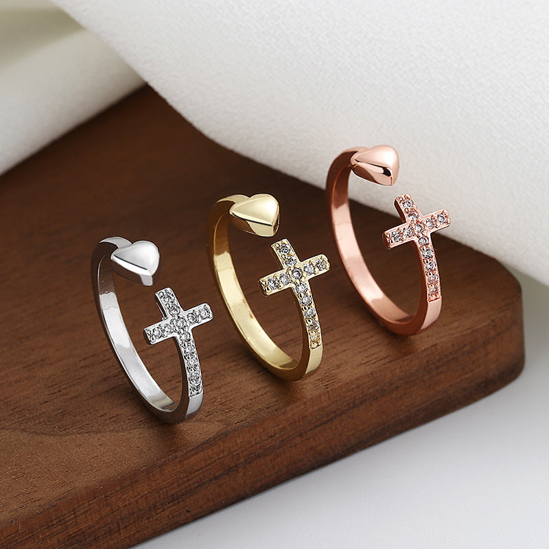 Adjustable Cross Heart Ring with Rhinestones