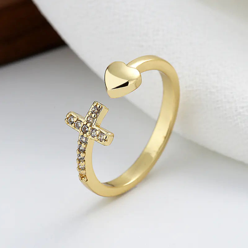 Adjustable Cross Heart Ring with Rhinestones