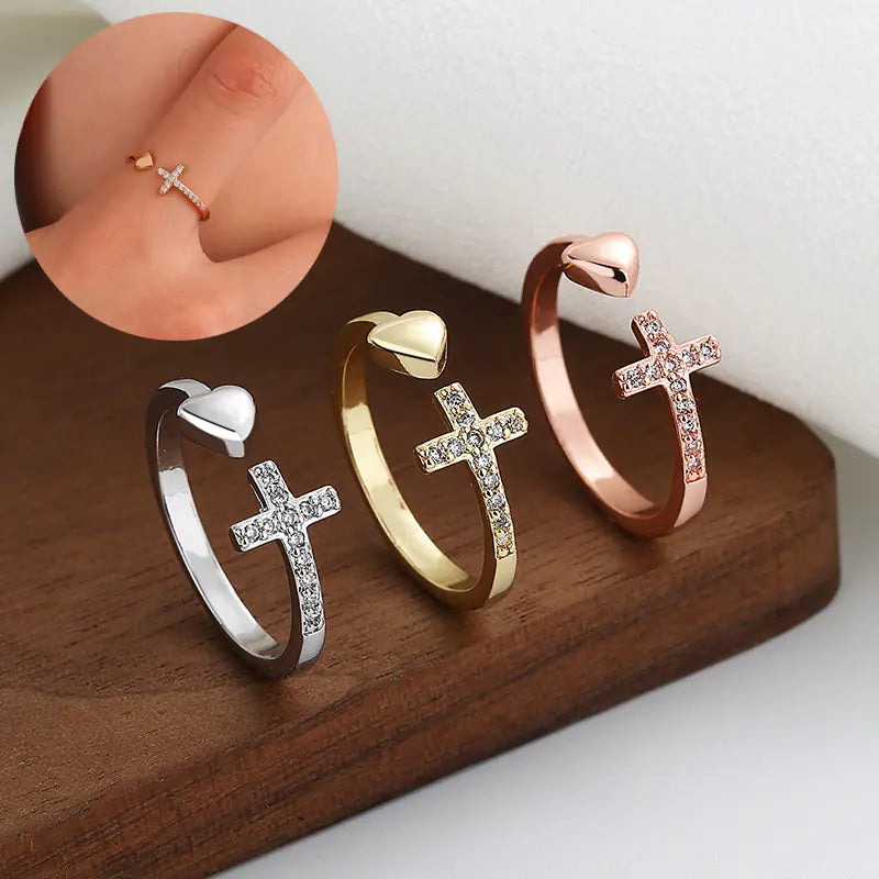 Adjustable Cross Heart Ring with Rhinestones