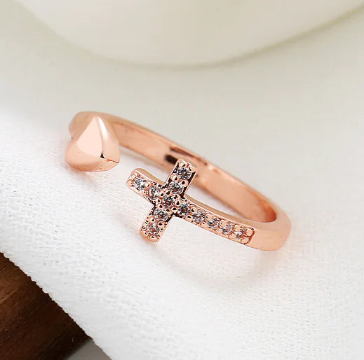 Adjustable Cross Heart Ring with Rhinestones