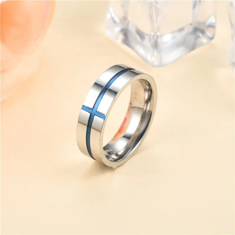 Personalized Blue Cross Stainless Steel Ring