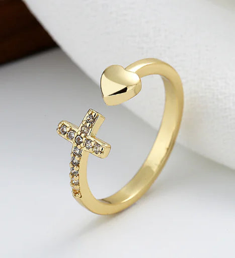 Adjustable Cross Heart Ring with Rhinestones