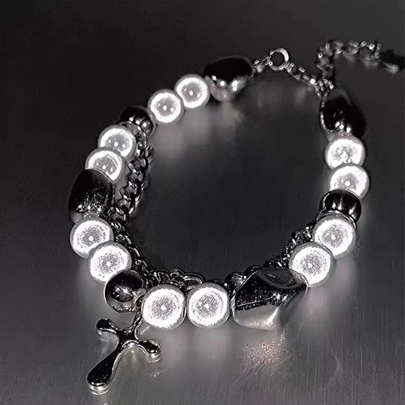 Double-layer Reflective Pearl Cross Bracelet