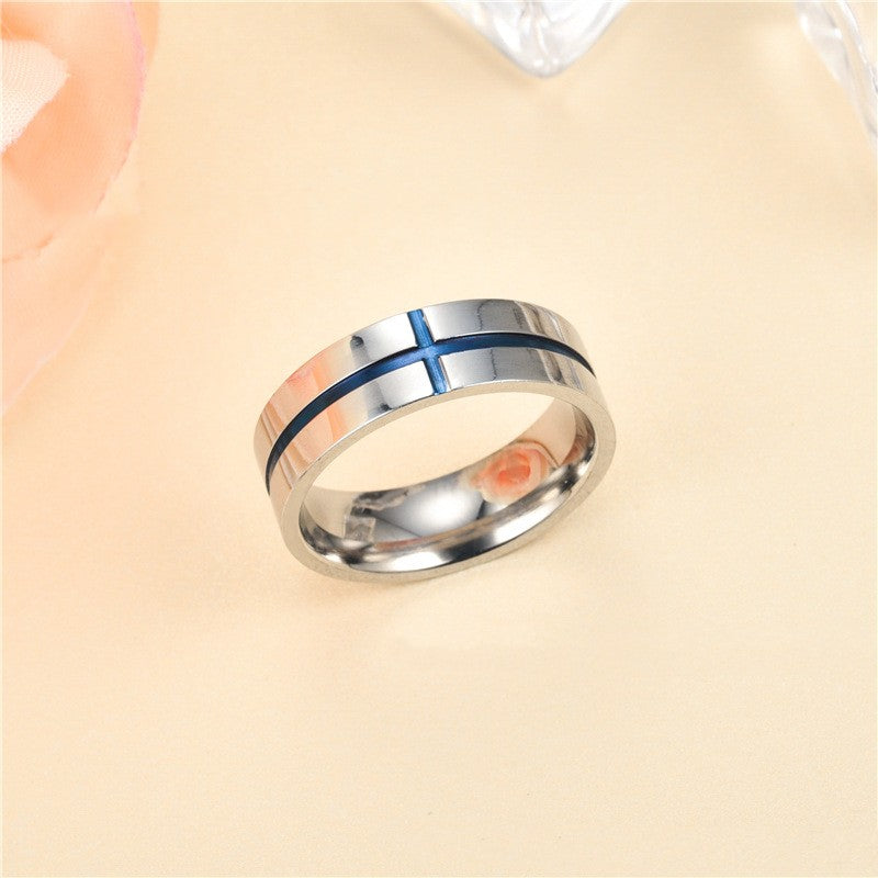 Personalized Blue Cross Stainless Steel Ring