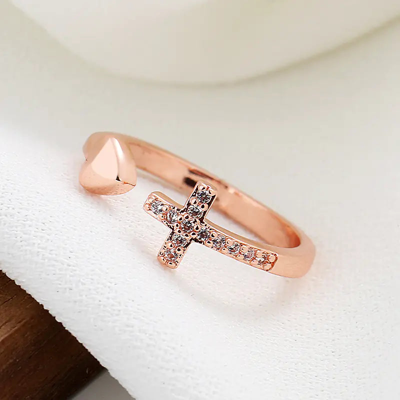Adjustable Cross Heart Ring with Rhinestones