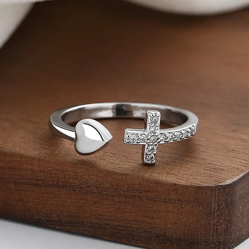Adjustable Cross Heart Ring with Rhinestones