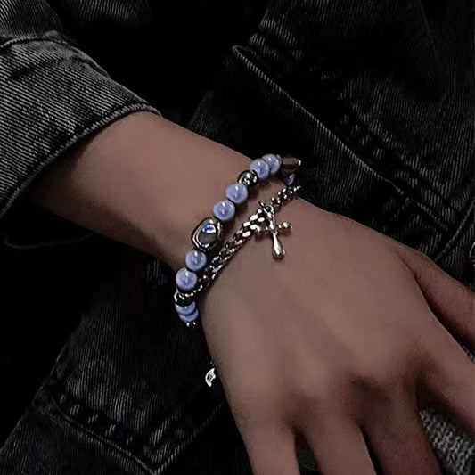 Double-layer Reflective Pearl Cross Bracelet