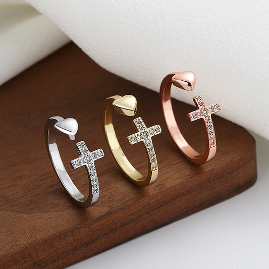 Adjustable Cross Heart Ring with Rhinestones