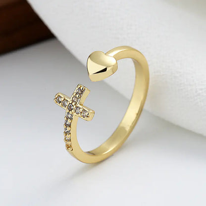 Adjustable Cross Heart Ring with Rhinestones