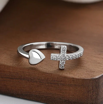 Adjustable Cross Heart Ring with Rhinestones