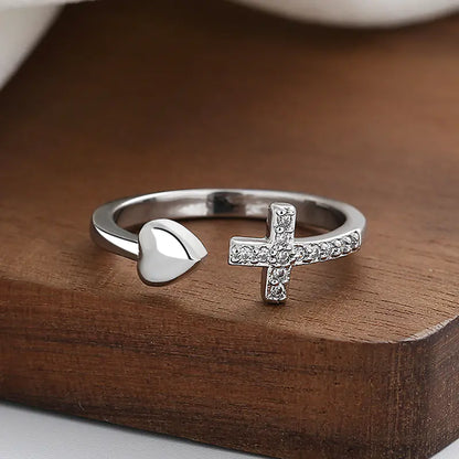 Adjustable Cross Heart Ring with Rhinestones